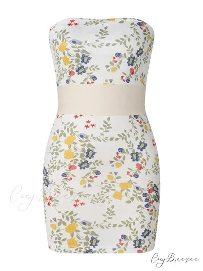 Strapless Off Shoulder Tube Sexy Floral Print Slim Mini Dress