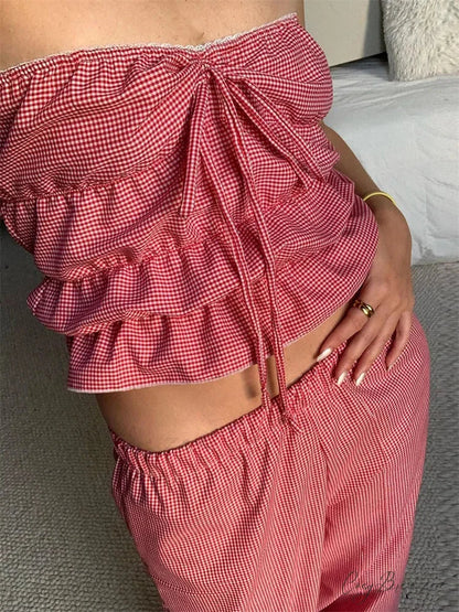 Strapless Plaid Ruched Backless Tube Crop Top croptop-250126