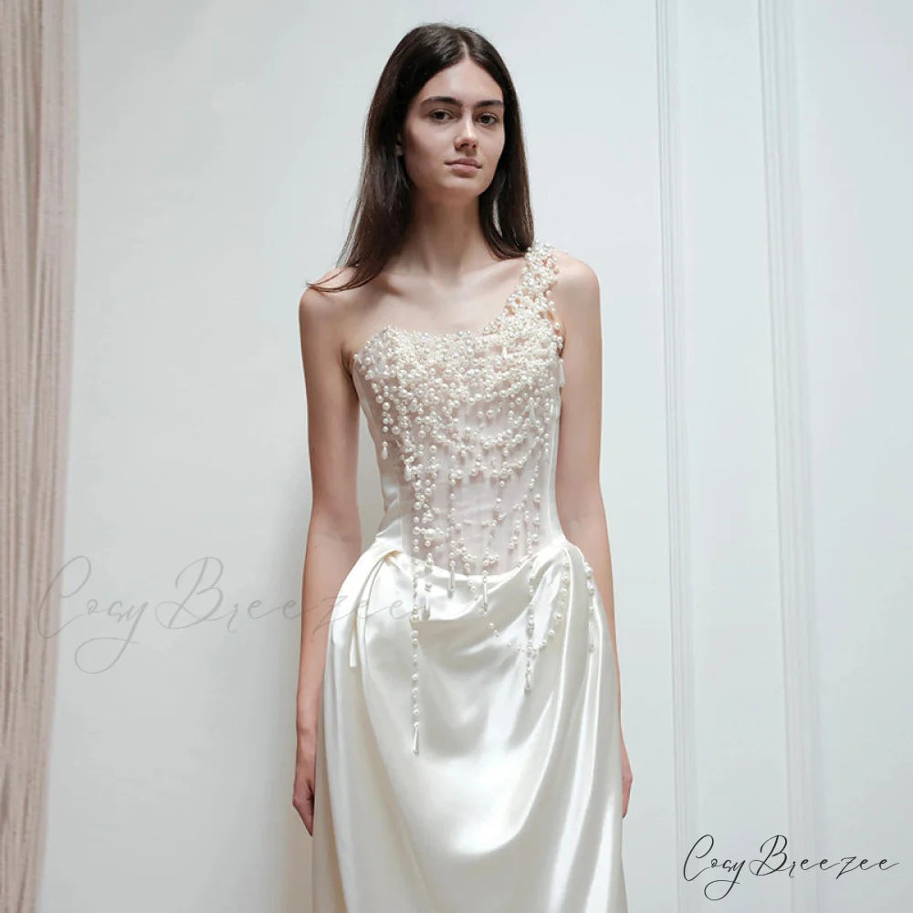 Strapless Satin Pearl Wedding Dress off white / XS weddingdress-250223