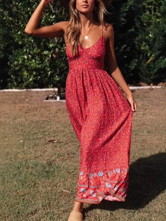 Strapless Vacation Summer Maxi Beach Boho Dress Red / S bohodress-250126