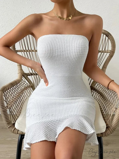 Strapless Waffle Ruffle Hem Bodycon Tube Dress
