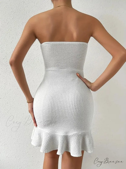 Strapless Waffle Ruffle Hem Bodycon Tube Dress
