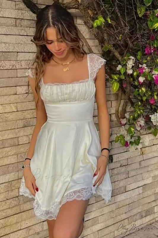 Strappy Lace Patchwork Corset Dress White / S