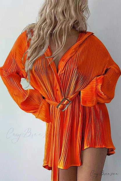 Strappy Waisted Pleated Shirts Dress