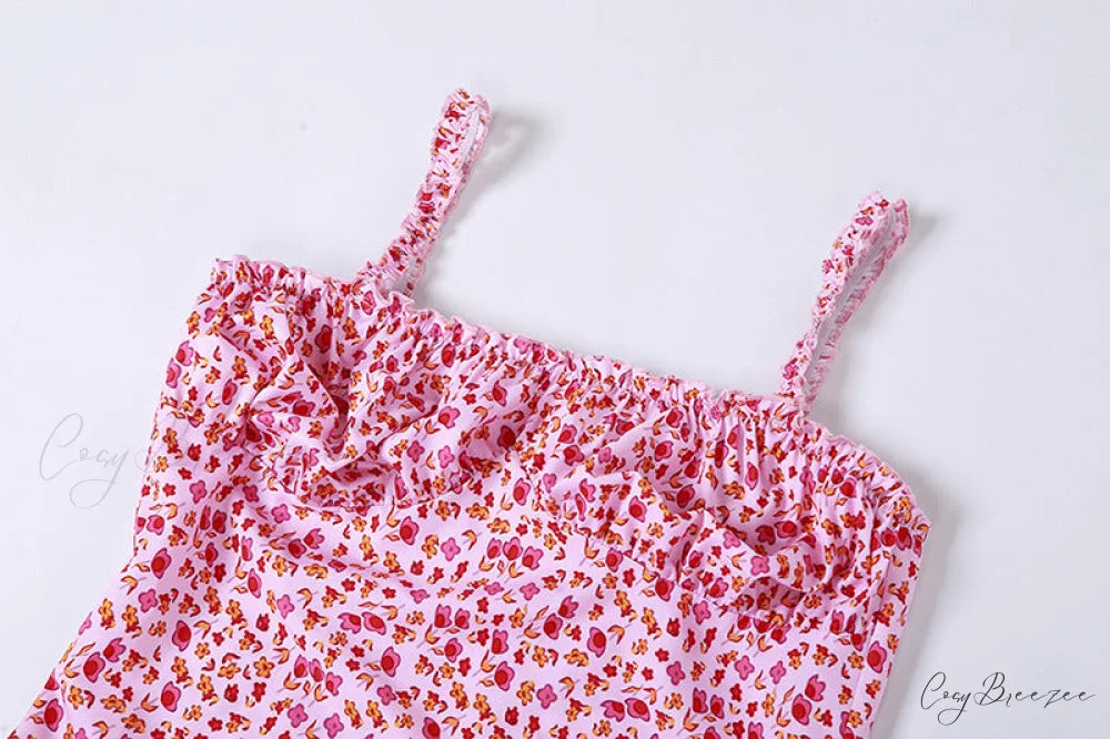 Straps and Design Flowered Warm-Season Long Bodycon Ruched Pink Coastal with Casual Gown Detail