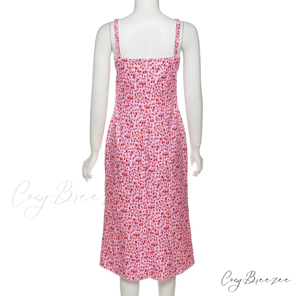 Straps and Design Flowered Warm-Season Long Bodycon Ruched Pink Coastal with Casual Gown Detail