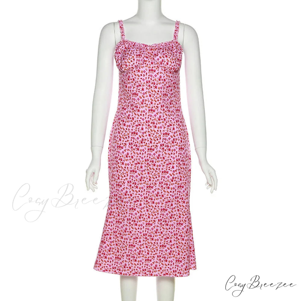 Straps and Design Flowered Warm-Season Long Bodycon Ruched Pink Coastal with Casual Gown Detail