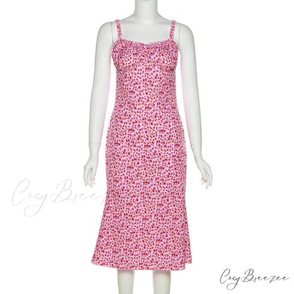 Straps and Design Flowered Warm-Season Long Bodycon Ruched Pink Coastal with Casual Gown Detail