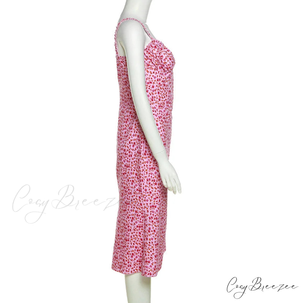 Straps and Design Flowered Warm-Season Long Bodycon Ruched Pink Coastal with Casual Gown Detail