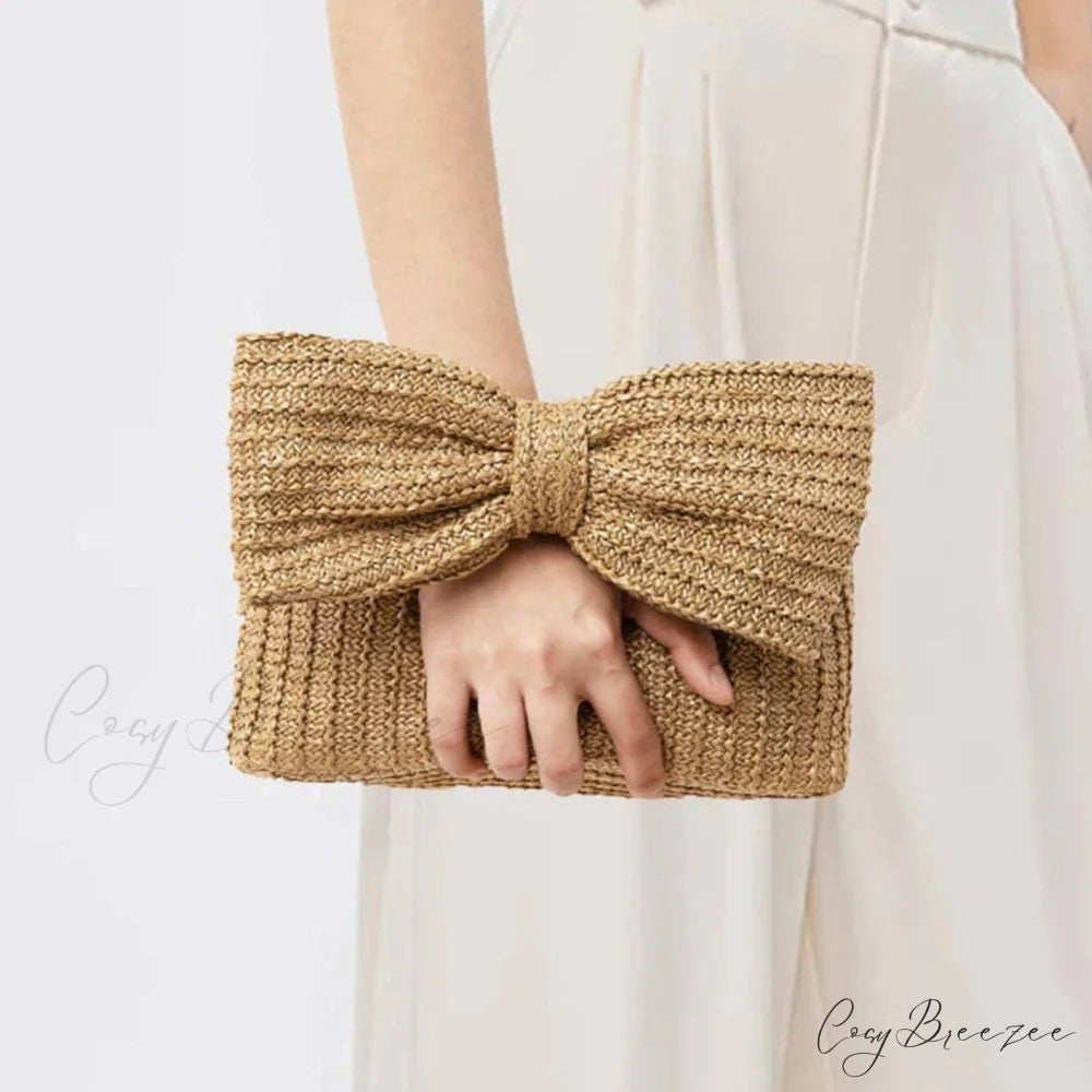 Straw Woven Bow Purse Khaki wristlet-250126