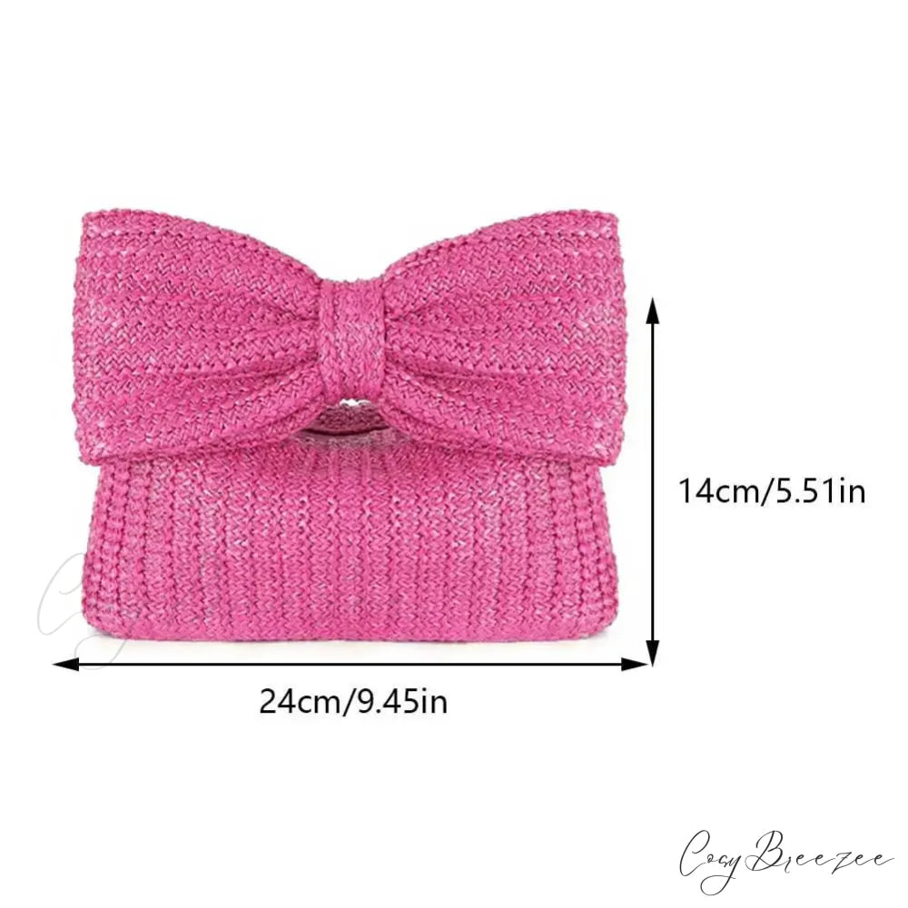 Straw Woven Bow Purse Rose Red wristlet-250126