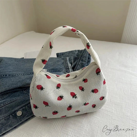 Strawberry Print Corduroy Mini Tote Handbag WHITE handbag-250126