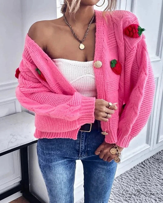 Strawberry Print Loose Fitting Knit Cardigan cardiagn-250126