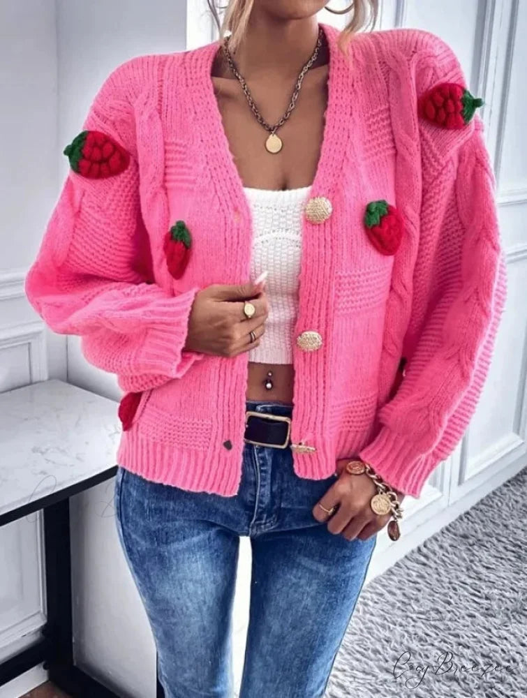 Strawberry Print Loose Fitting Knit Cardigan Pink / One Size cardiagn-250126