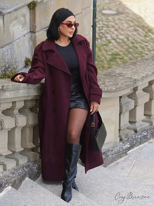 Street Burgundy Woolen Belted Coat dark red / XS overcoats-241228