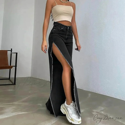 Street Hipster Double-Slit Wide-Leg Denim Jeans Black / S