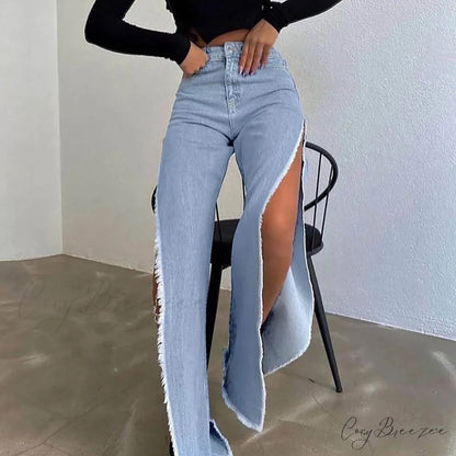 Street Hipster Double-Slit Wide-Leg Denim Jeans Blue / S