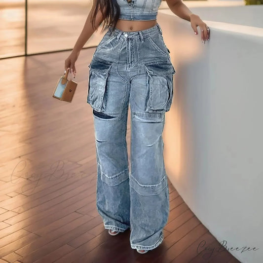 Street Patchwork High Waist Straight Leg Jeans Blue / S