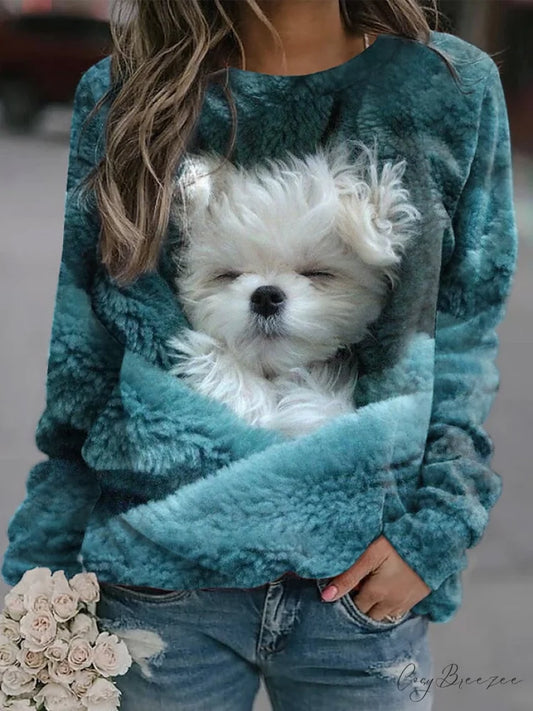 Street Plus Pullover Size Spring Blue Women’s Long 3D Design Sweatshirt Dog Sleeve Blue / S