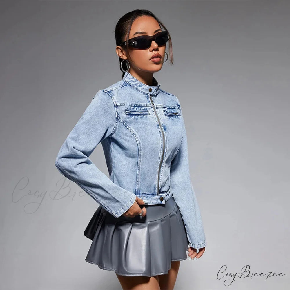 Streetwear Denim Cropped Gothic Button Ripped Bomber Long Sleeve Jacket
