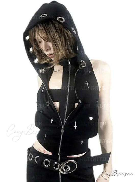 Streetwear Gothic Dark Vest Cyberpunk Cross Hooded Alt Grunge Crop Top Black / S