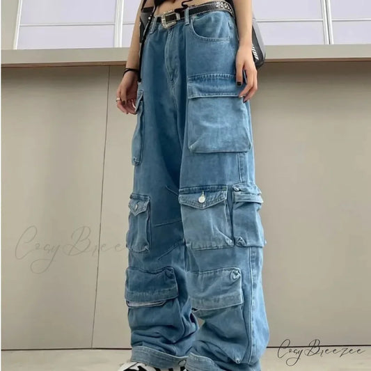Streetwear Loose Oversized Straight-Leg Multi-Pocket Washed Cargo New Heavy Industry Y2K Vintage Jean Blue / S
