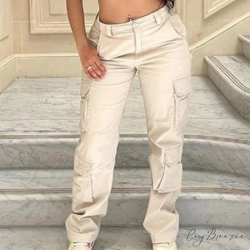 Streetwear Pockets Wide Leg High Waist Straight Trousers apricot / S