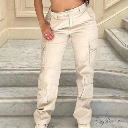 Streetwear Pockets Wide Leg High Waist Straight Trousers apricot / S