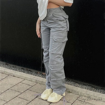 Streetwear Pockets Wide Leg High Waist Straight Trousers Grey / S