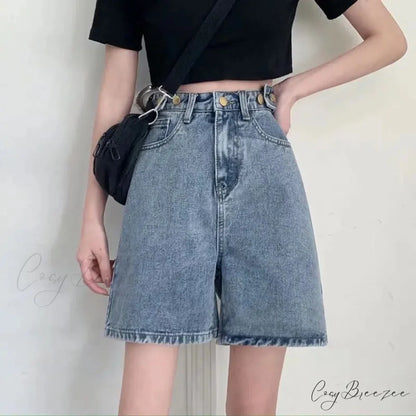 Streetwear Summer Half High-Waisted Belted Loose Female Short Fashion Jean Blue / S