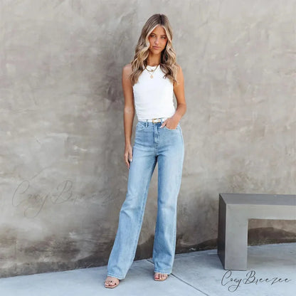 Stretch Blue High Waist Loose Wide Leg Vintage Fashionable Washed Straight Casual Jean