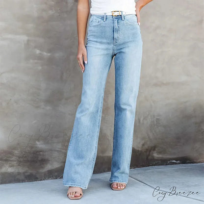 Stretch Blue High Waist Loose Wide Leg Vintage Fashionable Washed Straight Casual Jean Blue / S