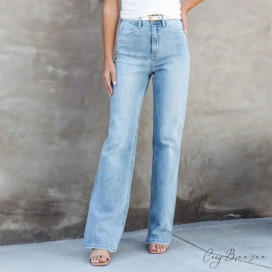Stretch Blue High Waist Loose Wide Leg Vintage Fashionable Washed Straight Casual Jean Blue / S