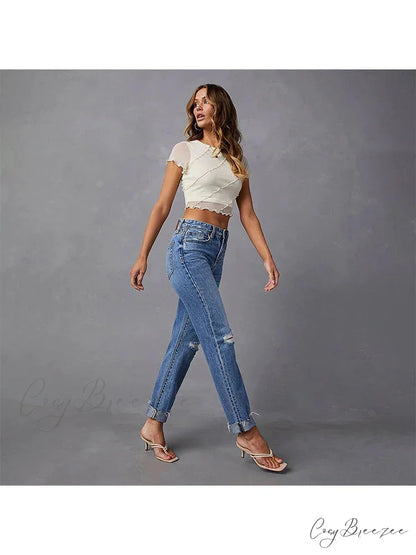 Stretch Blue High Waist Ripped Casual Fashion Streetwear Denim Jean