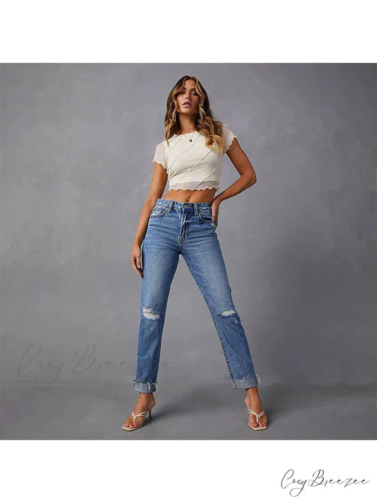 Stretch Blue High Waist Ripped Casual Fashion Streetwear Denim Jean Dark Blue / S
