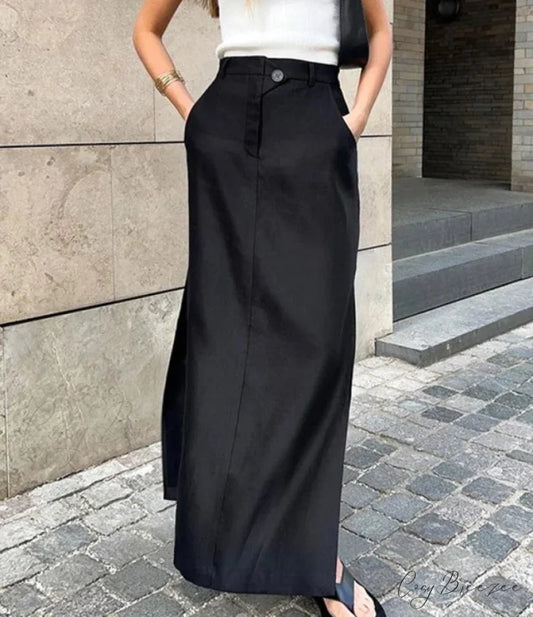 Stretch Buttoned Cotton Split Skirt skirts-250223