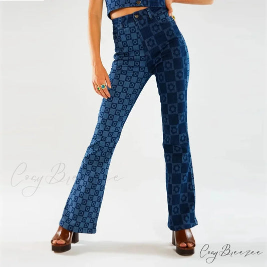 Stretch Fashion Print Women’s High Waist Flare Women Long Summer Casual Streetwear Denim Pant Jean Blue / XS