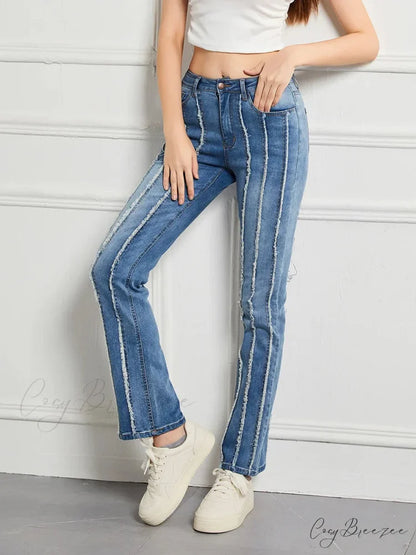 Stretch Flare Fashion Slim Splice Bottom Streetwear Denim Jean Blue / S