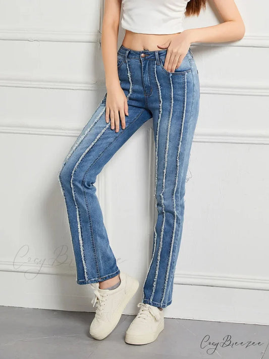 Stretch Flare Fashion Slim Splice Bottom Streetwear Denim Jean Blue / S