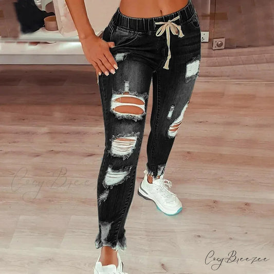 Stretch High Waist Ripped Washed Slim Skinny Pencil Denim Jean Black / S