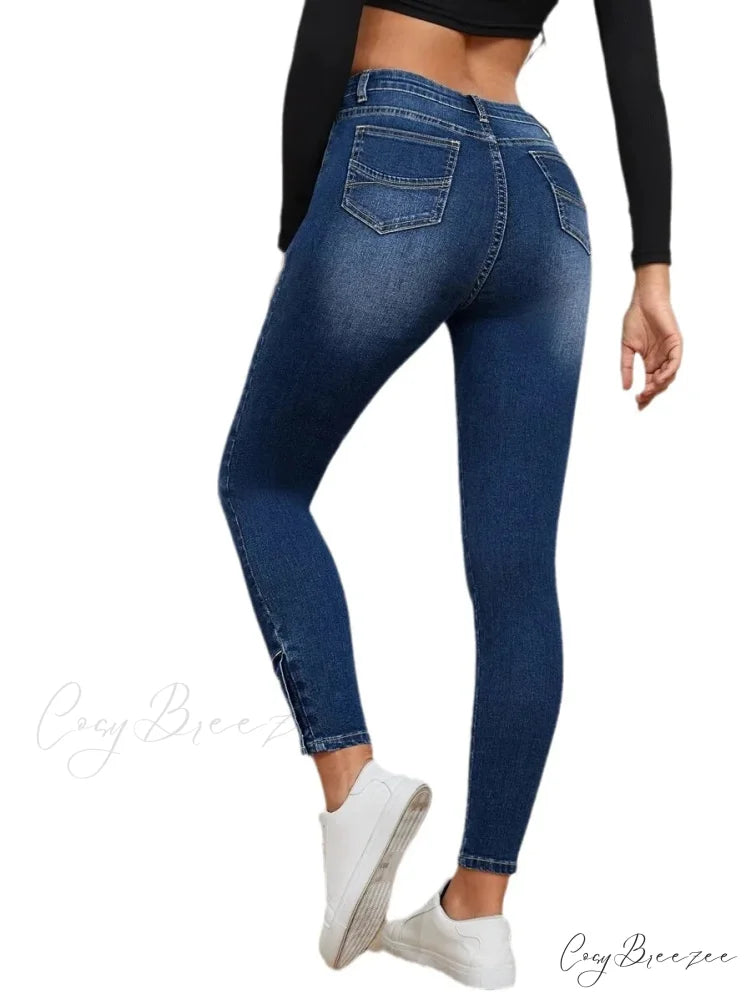 Stretch Skinny Pencil High Waist Slim Large Full Length Distressed Jean