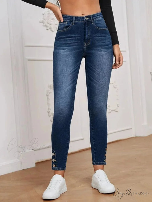 Stretch Skinny Pencil High Waist Slim Large Full Length Distressed Jean Blue / S