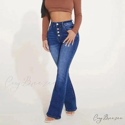 Stretch Slim Flare Button Fly High Waist Full Length Vintage Jean Blue / S