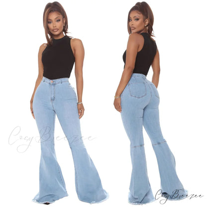 Stretch Slim Flare for Women Pink Bell Bottom 2024 High Waist Skinny Boot-cut Denim Woman Jean Light blue / S