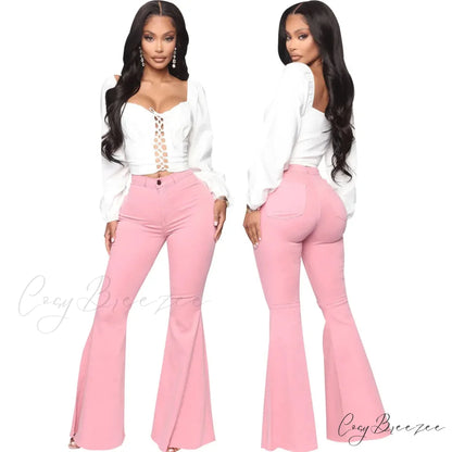 Stretch Slim Flare for Women Pink Bell Bottom 2024 High Waist Skinny Boot-cut Denim Woman Jean Pink / S