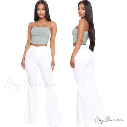 Stretch Slim Flare for Women Pink Bell Bottom 2024 High Waist Skinny Boot-cut Denim Woman Jean White / S