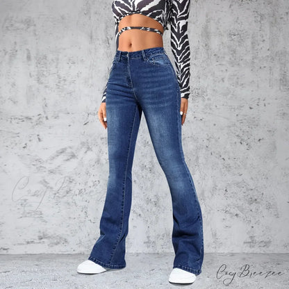 Stretch Slim Retro High Waist Stitched Washed Bell-Bottom Denim Jean