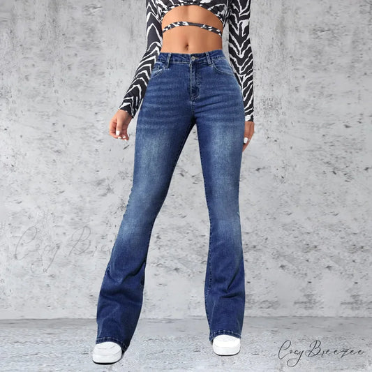 Stretch Slim Retro High Waist Stitched Washed Bell-Bottom Denim Jean Blue / S