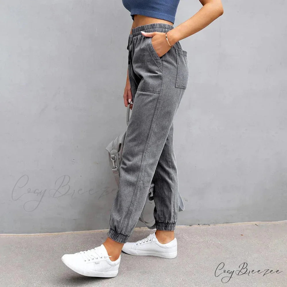 Stretch Women High Waist Wide Leg Casual Fashion Pocket Drawstring Women Clothing Mom Jean
