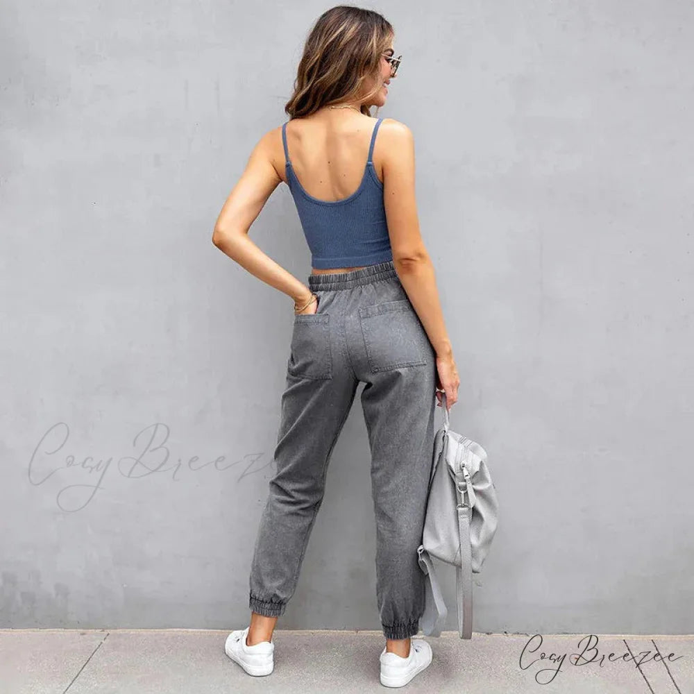 Stretch Women High Waist Wide Leg Casual Fashion Pocket Drawstring Women Clothing Mom Jean